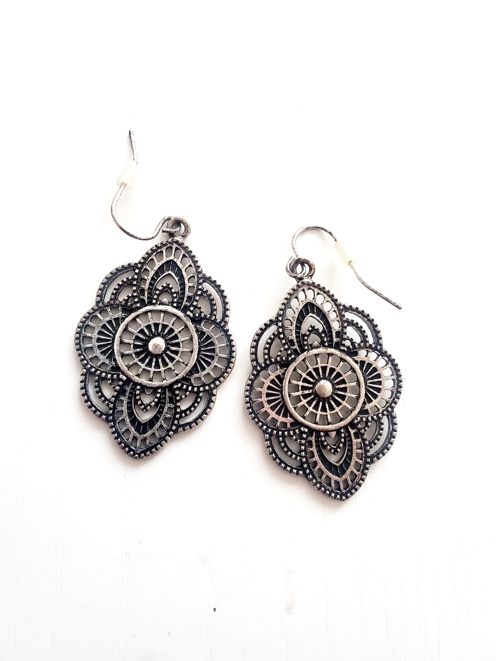 Delicate Silver Filigree Drop Earrings - Floral Medallion